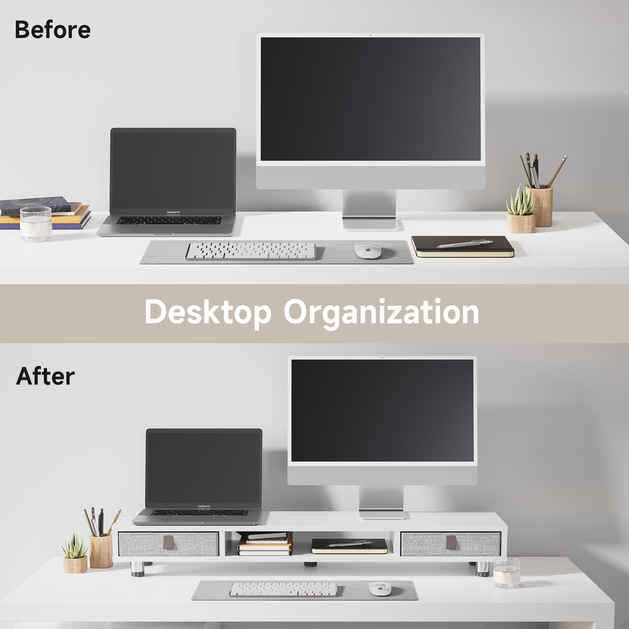 Fenge Monitor Stand, Dual Monitor Stand with 2 Drawers