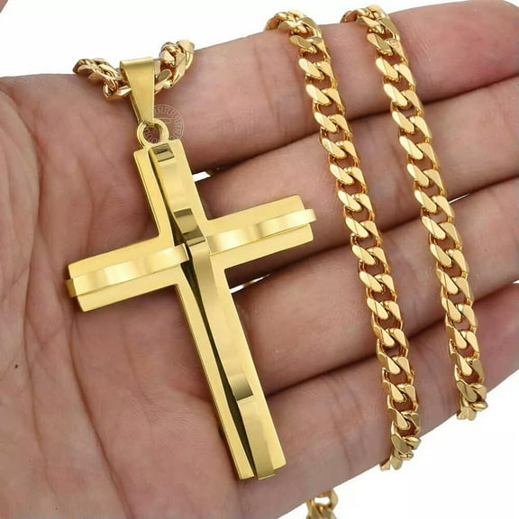 22" 5mm Mens Curb Cuban Chain Cross Pendant Necklace Gold Plated Stainless Steel