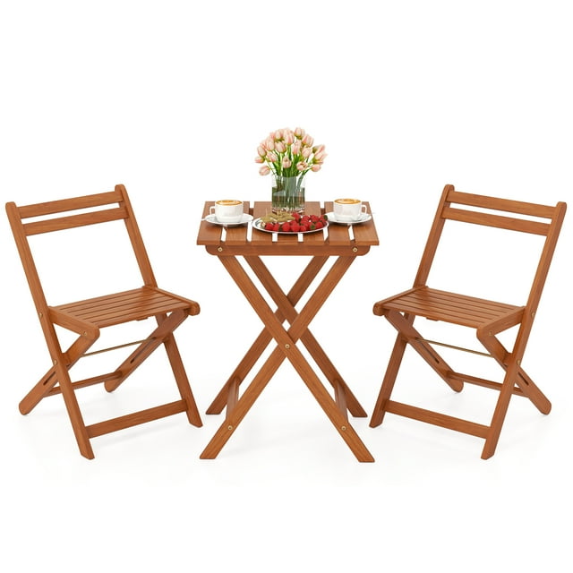 Gymax 3 PCS Outdoor Wood Bistro Set w/ 2 Folding Chairs & Dining Table for Backyard