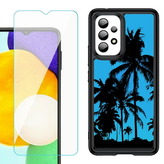 Shockproof Bumper (Black Frame) phone Case for Samsung Galaxy A23 5G, with Tempered Glass Screen Protector, by OneToughShield ® - Tropical Summer