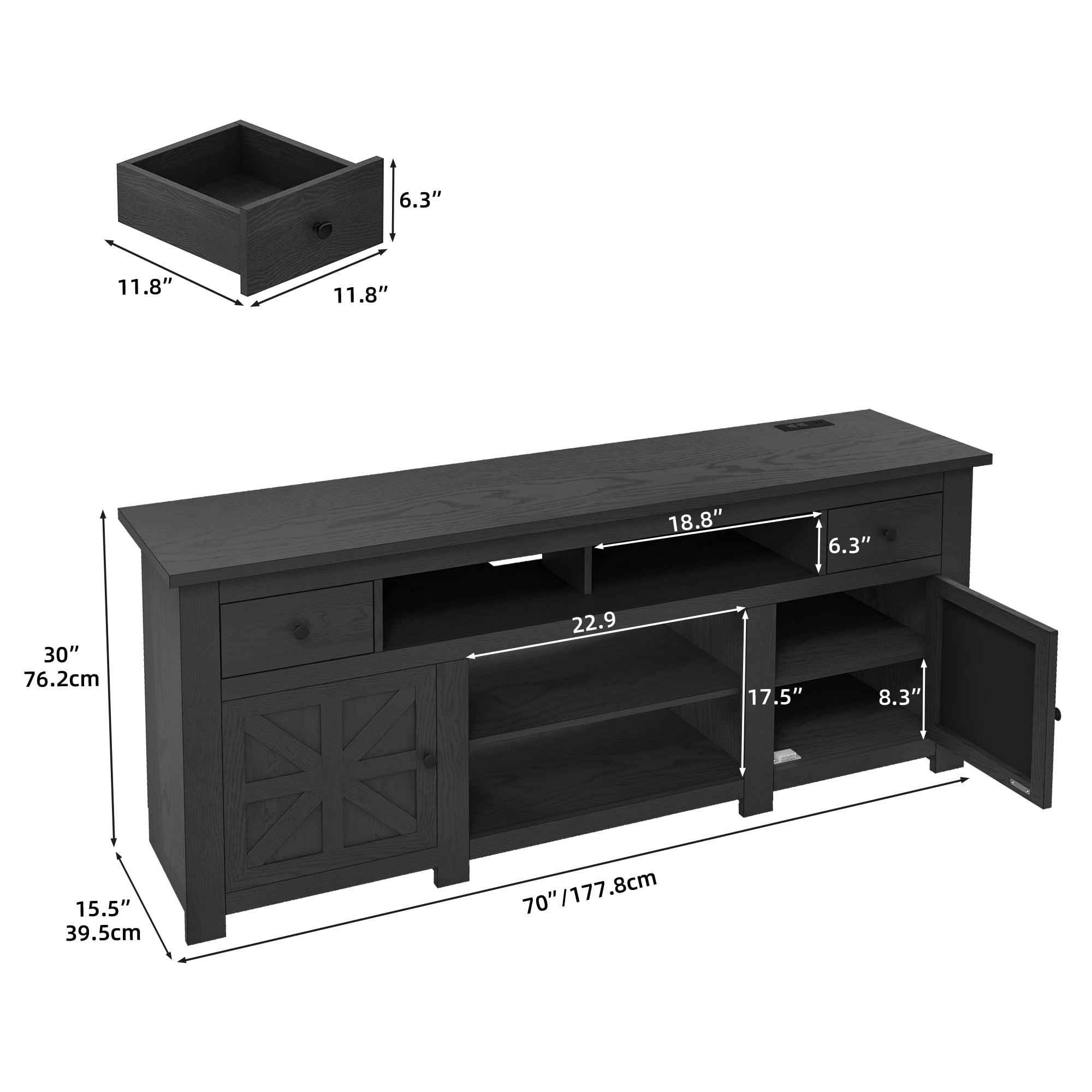 Uforic Built-in Power Socket, TV Cabinet for Screens up to 80'' with 2 Shelves, Black
