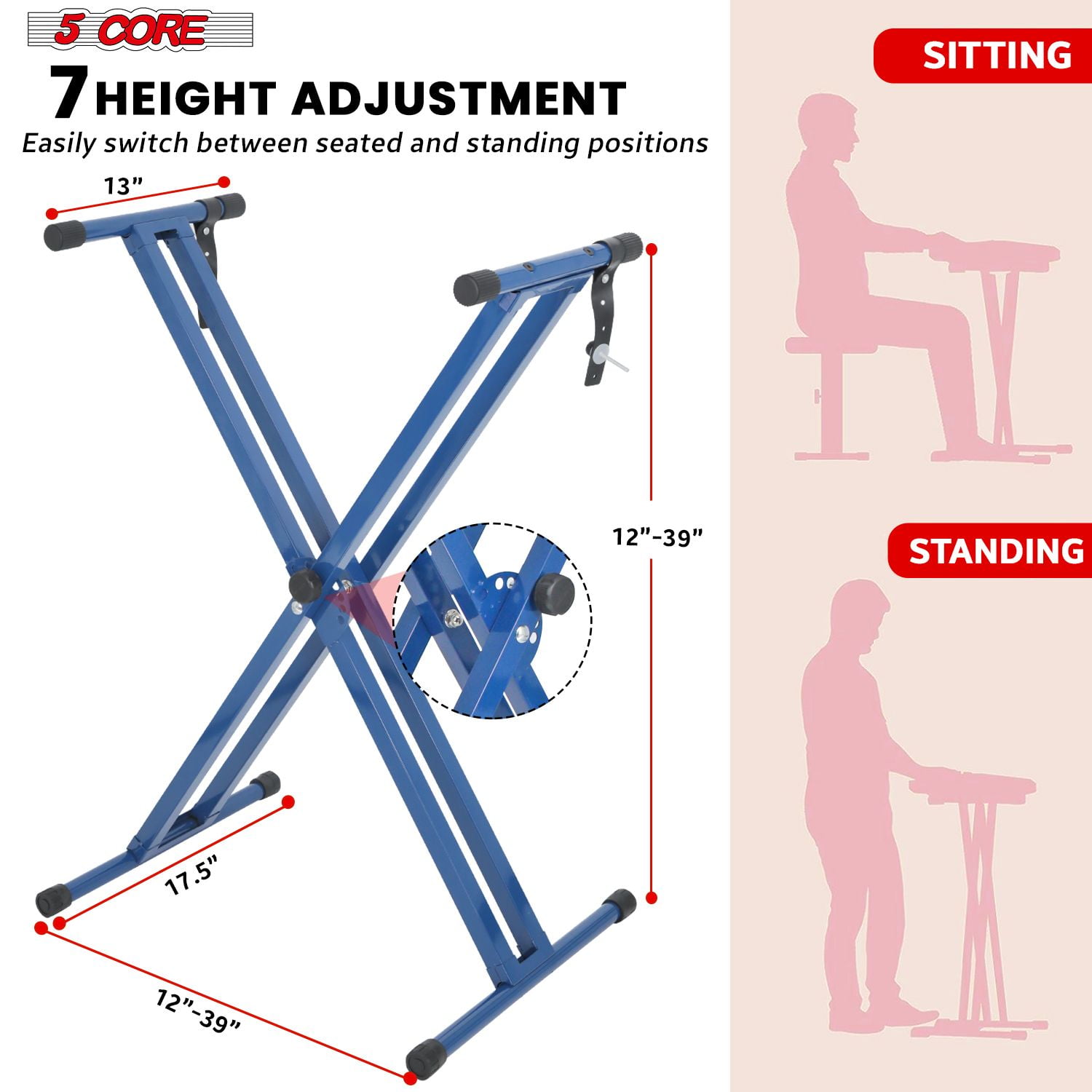 Piano Keyboard Stand Double X Style Heavy Duty Adjustable Digital Electric Piano Riser Durable & Sturdy Music Synthesizer Holder Stands For 61 76 88 Keys w Secure Locking Strap - KS 2X Blue