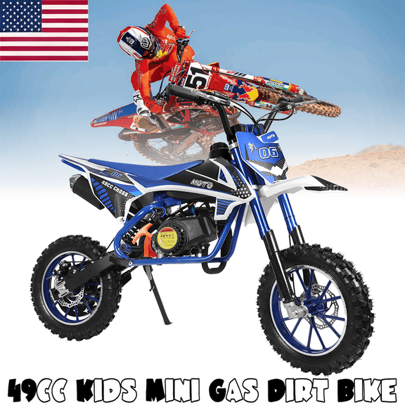 Seipouy 49cc Dirt Bike 2-Stroke Kids Dirt Bike Kids Motorcycle Dirt Bike for Kids Gas Power Motocross Off Road Mini Dirt Bike Pocket Motorbike Racing Max Speed 25KM/H with Front Rear Disc Brakes