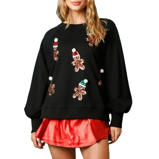 Lucakuins Sudadera con cuello redondo para mujer, holgada, con estampado de lentejuelas de Papá Noel, manga larga, para Navidad Lucakuins moda