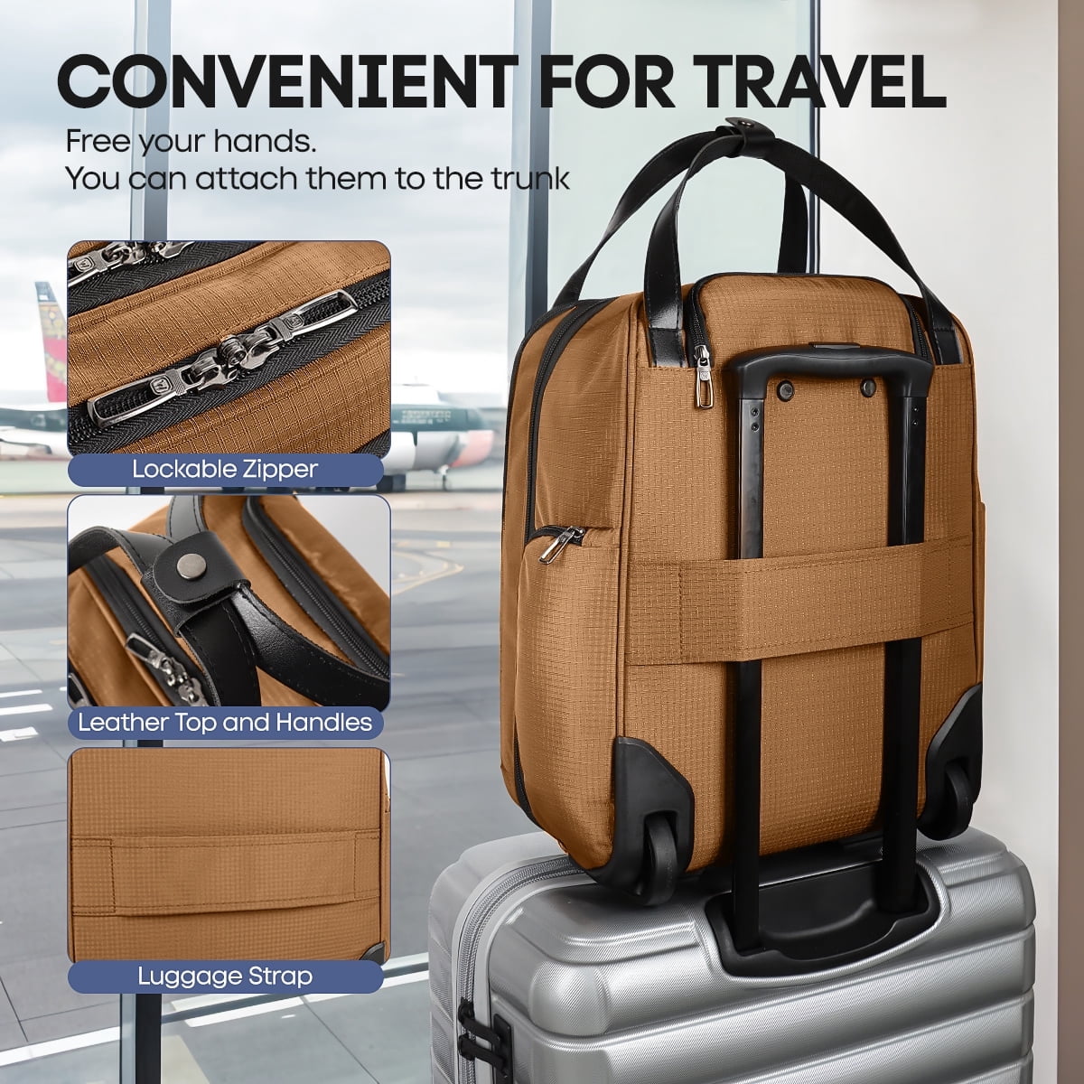 16" Underseat Carry on Luggage for Airplane, Softside Small Rolling Suitcase,Lightweight Personal Item Travel Bag, Brown - XJ5011