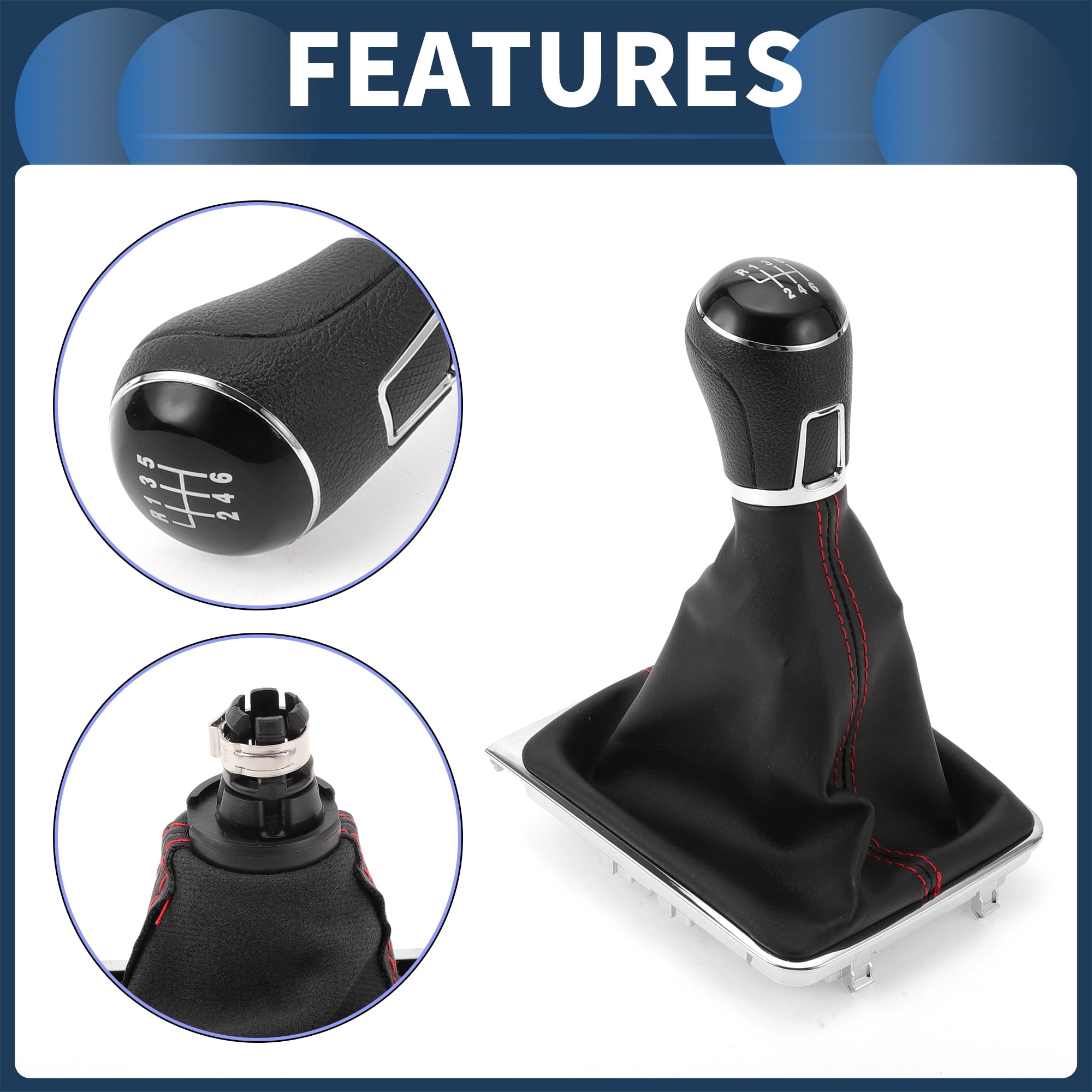 Unique Bargains 6 Speed Manual Gear Shift Knob with Cover, Gearbox Stick Shifter Lever Knob No.3AA711113A for VW Passat 2013-2021 Plastic Faux Leather Black Red, 1 Pc