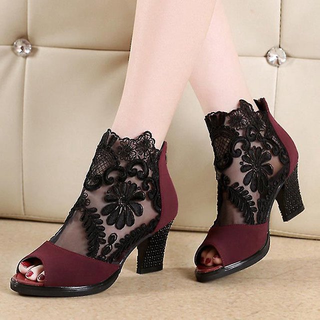 Sandalias de verano para mujer, zapatos de Boca de pescado, zapatos de tacón medio de talla grande para mujer, zapatos transpirables para mujer, tacones altos de malla de encaje