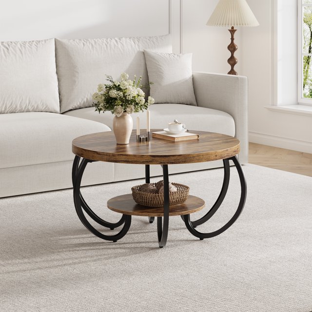 BeesClover Brun 30 Pouces Table Basse Industrielle Ronde avec 2 Niveaux – Pieds Réglables, Design à Grain de Bois et Tablette de Rangement pour Salon