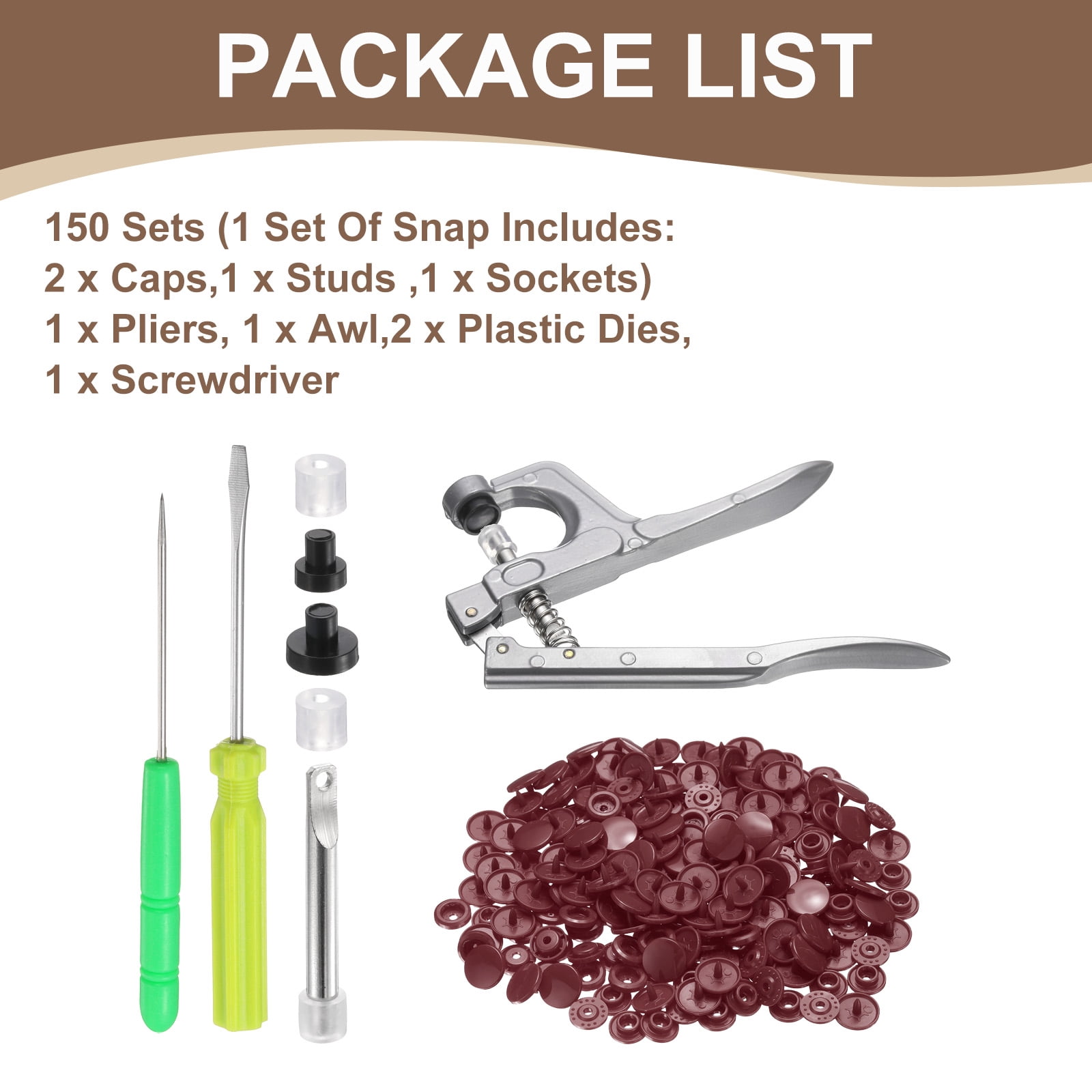Uxcell Plastic Snaps Fasteners with Snap Pliers, 150 Set T5 Round Resin No-Sew Button Snap Fasteners Kit Brown