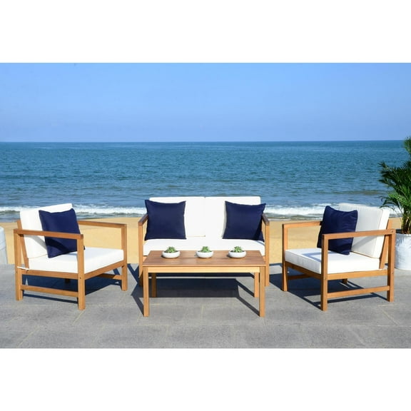 Outdoor Patio Furniture Set 4 Piece - Contemporary Design, Accent Pillows, Teak Finish, Stylish Outdoor Seating