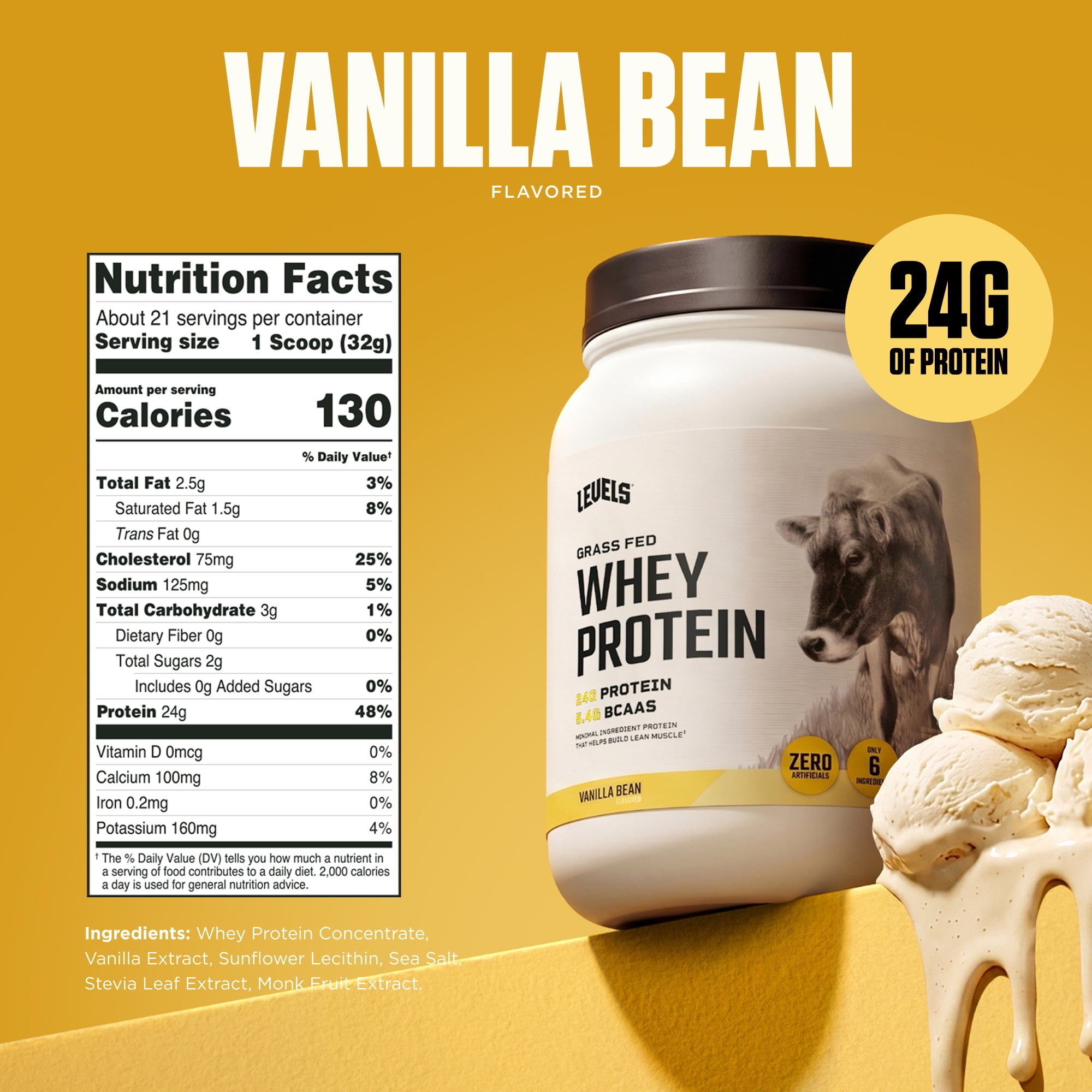 Levels Grass Fed Whey Protein Powder, No Artificials, 24G of Protein, Vanilla Bean, 1.48LB