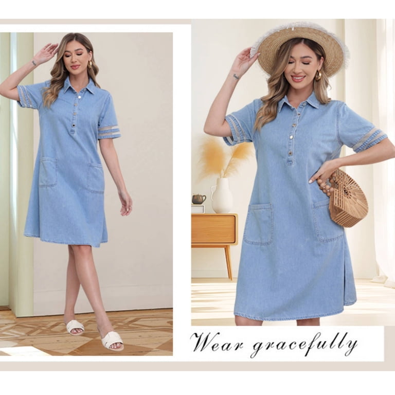 denim and tulle dress womens Hurxie Denim Dress for Women Casual Tulle Short Sleeve Button Jean Midi Dress with Pockets Blue,3XL