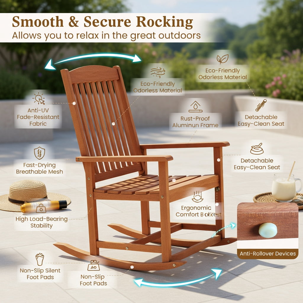 Hommoo Solid Wood Outdoor Rocking Chair, High-Back Porch Rocker with Slatted Seat, Easy Assembly for Patio, Deck & Poolside, Natural