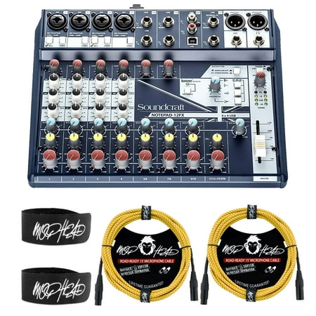 Soundcraft Notepad-12FX Small-format Analog Mixing Console with USB I/O and Lexicon Effects Bundle with Two Mophead 15' Road Ready Braided XLR Cables Yellow & Brown and Two Mophead Cable