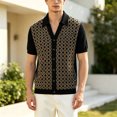 thumbnail image 5 of EANJE Men's Short Sleeve Knit Polo Cardigan, Geometric Pattern Button‑Down Lapel Collar Retro Casual Knitted Shirt for Daily Vacation Black L, 5 of 5