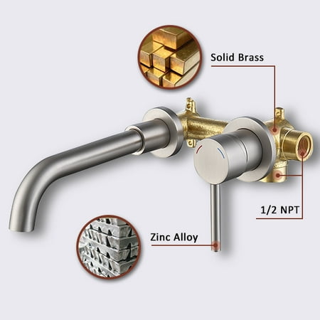 BMTBUY Wall Mount Faucet for Bathroom Sink or Bathtub, Single Handle 3 Holes Brass Rough-in Valve Included, Brushed Nickel