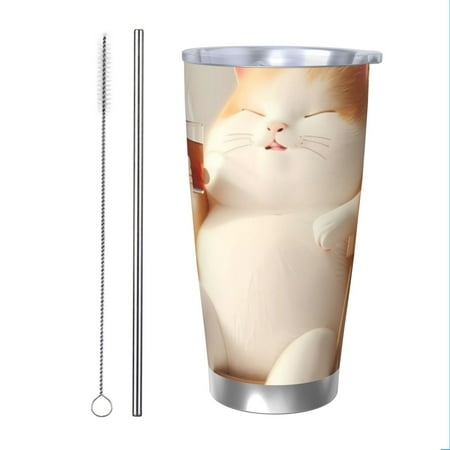 

Zeuib Relaxing Cat With Tea Printed 20oz Stainless Steel Insulated Car Cup Stainless Steel Thermal Cup Vacuum Insulated Leak-proof Travel Mug Cup-Straw Two-piece Set