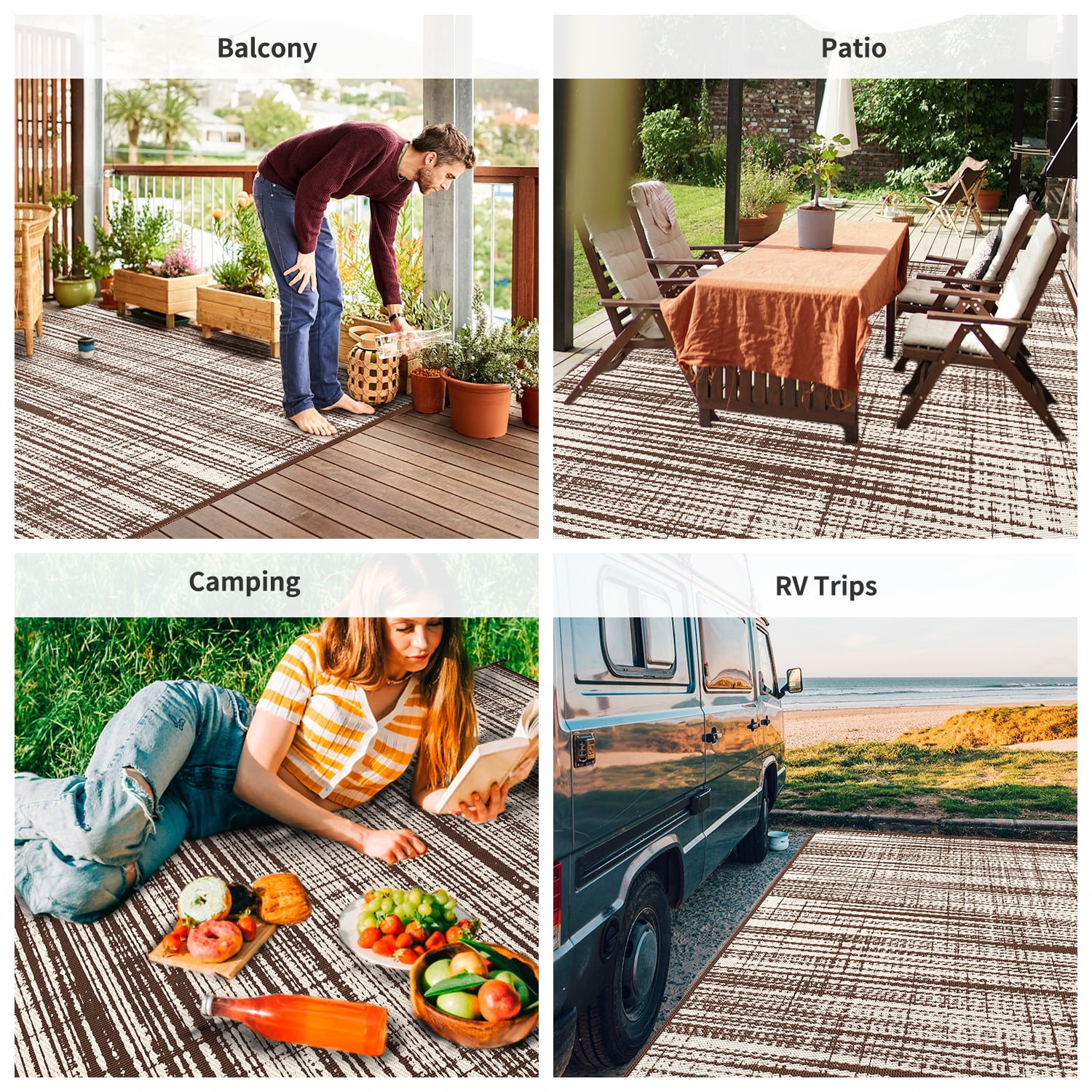 VUNATE Outdoor Rug Carpet 5'x8' Waterproof Reversible Patio Rug Portable Modern Abstract Indoor Outdoor Rug Plastic Straw Rug for RV Camping Garden Picnic Deck Backyard Porch Decor Beige and Brown