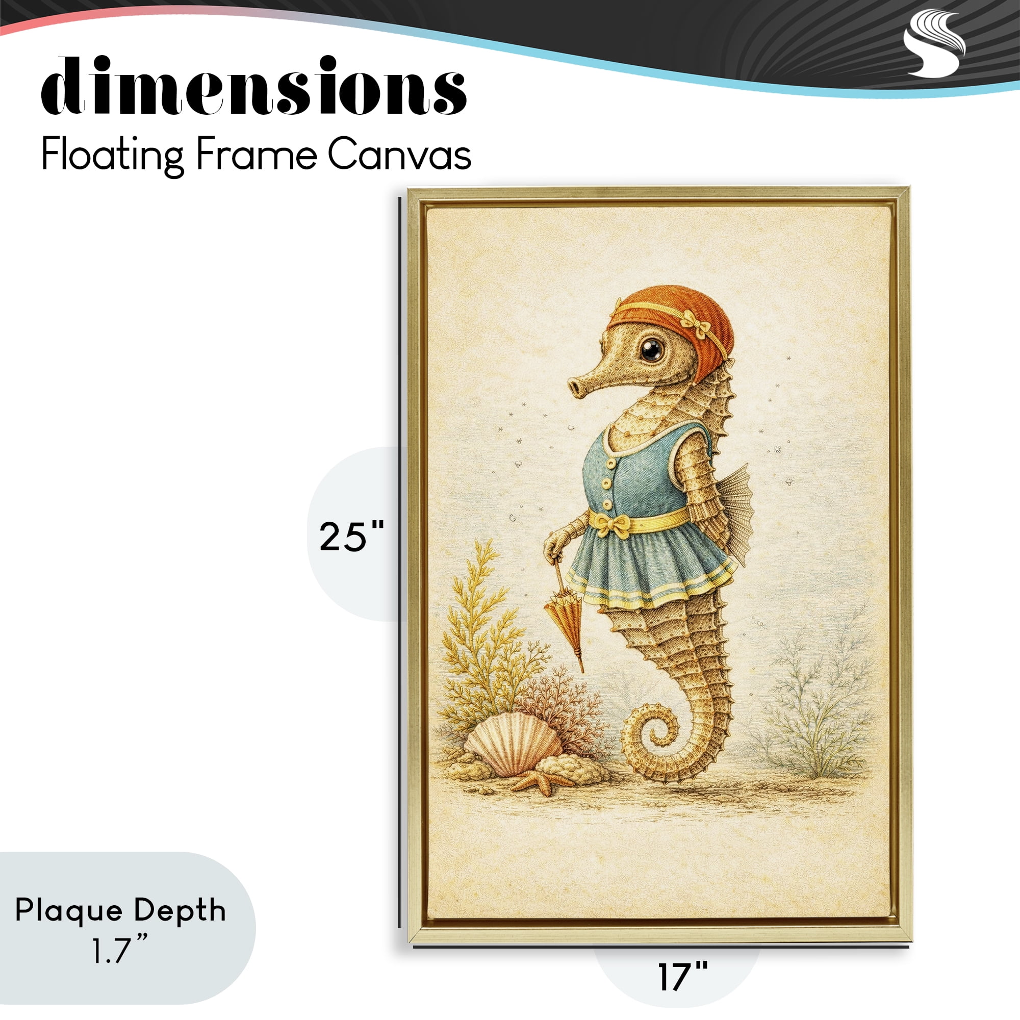 Stupell Industries Maritime Bathing Society Seahorse Gold Framed Floater Canvas Wall Art, design by Grotto Studios