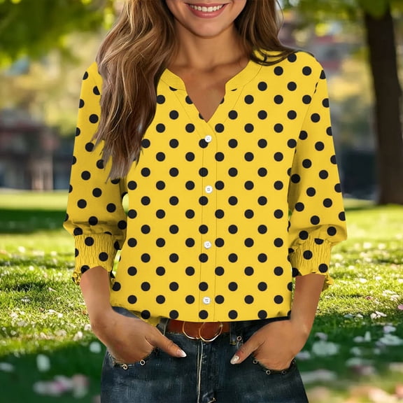 HOMBOM Shirts for Women Spring Blouse Floral Henley V Neck Lightweight Yellow Ladies Tops 3/4 Sleeve