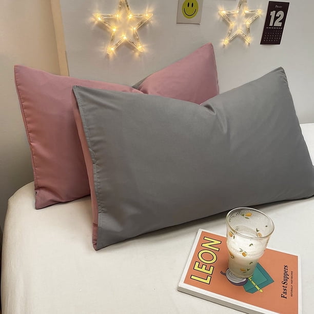 Nvzi Funda de almohada cepillada de color sólido de 2 piezas Dígale adiós a la sensación sensual y fresca de la funda de almohada tecnológica, 18,9 x 29,13 pulgadas (polvo + gris claro)