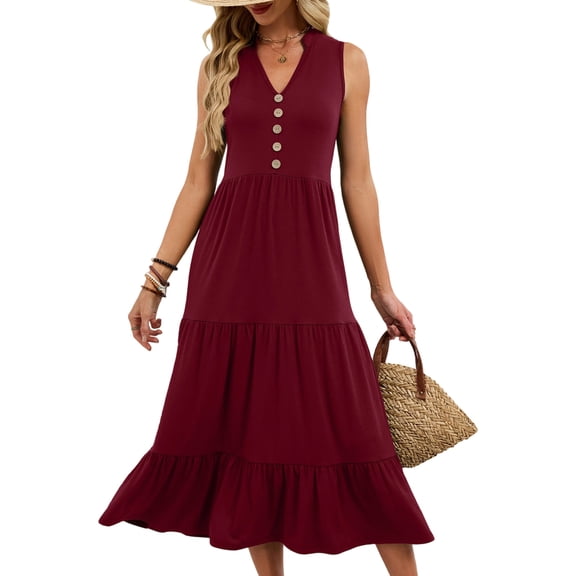Womens Summer Maxi Dresses Flowy V Neck Sleeveless Swing Casual Beach Sundress with Pockets Wine Red L