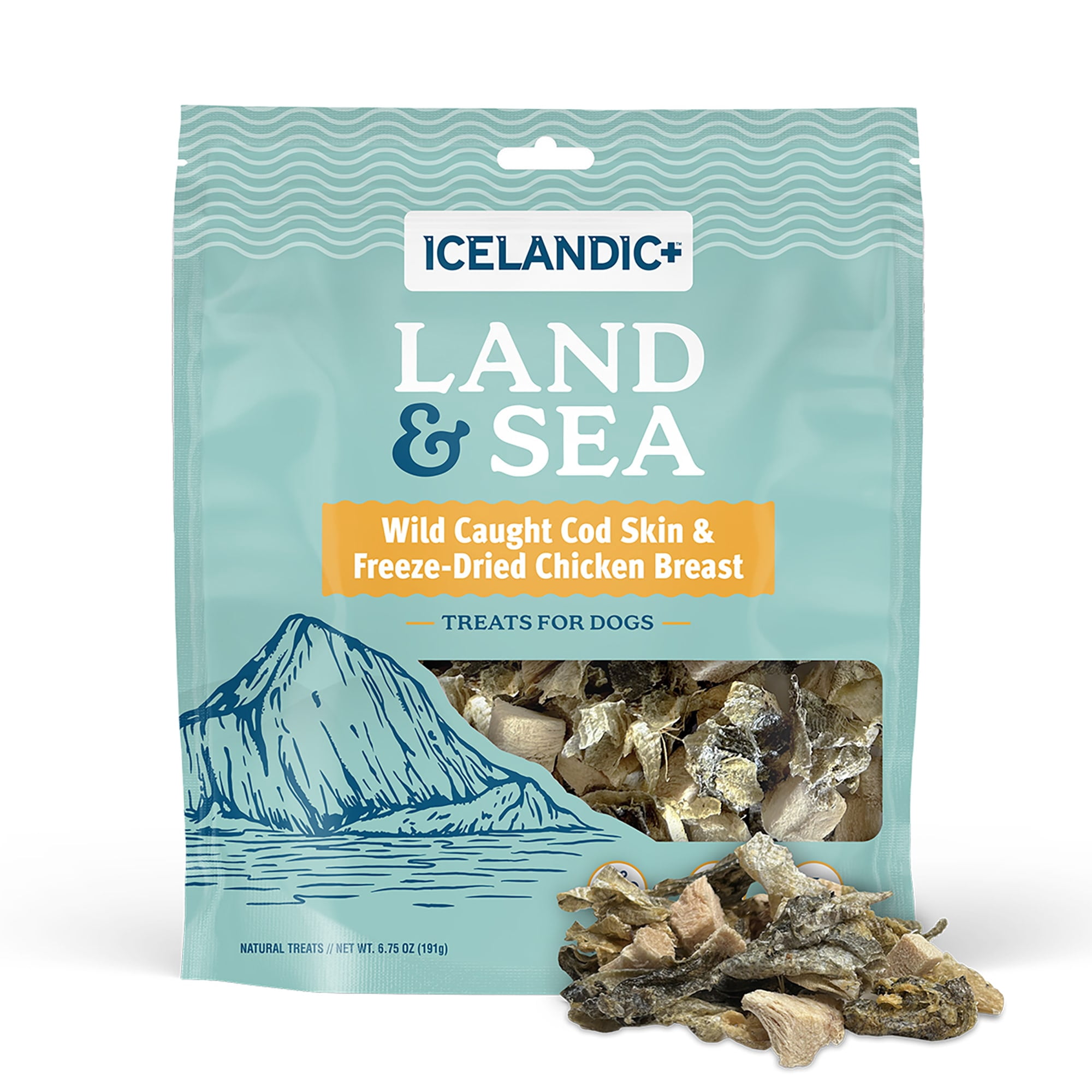 Icelandic+ Land & Sea Wild Caught Cod Skin & Freeze-Dried Chicken Breast -6.75oz Bag, Dog Treat & Food Topper, 2 Ingredient, No Preservatives, Natural