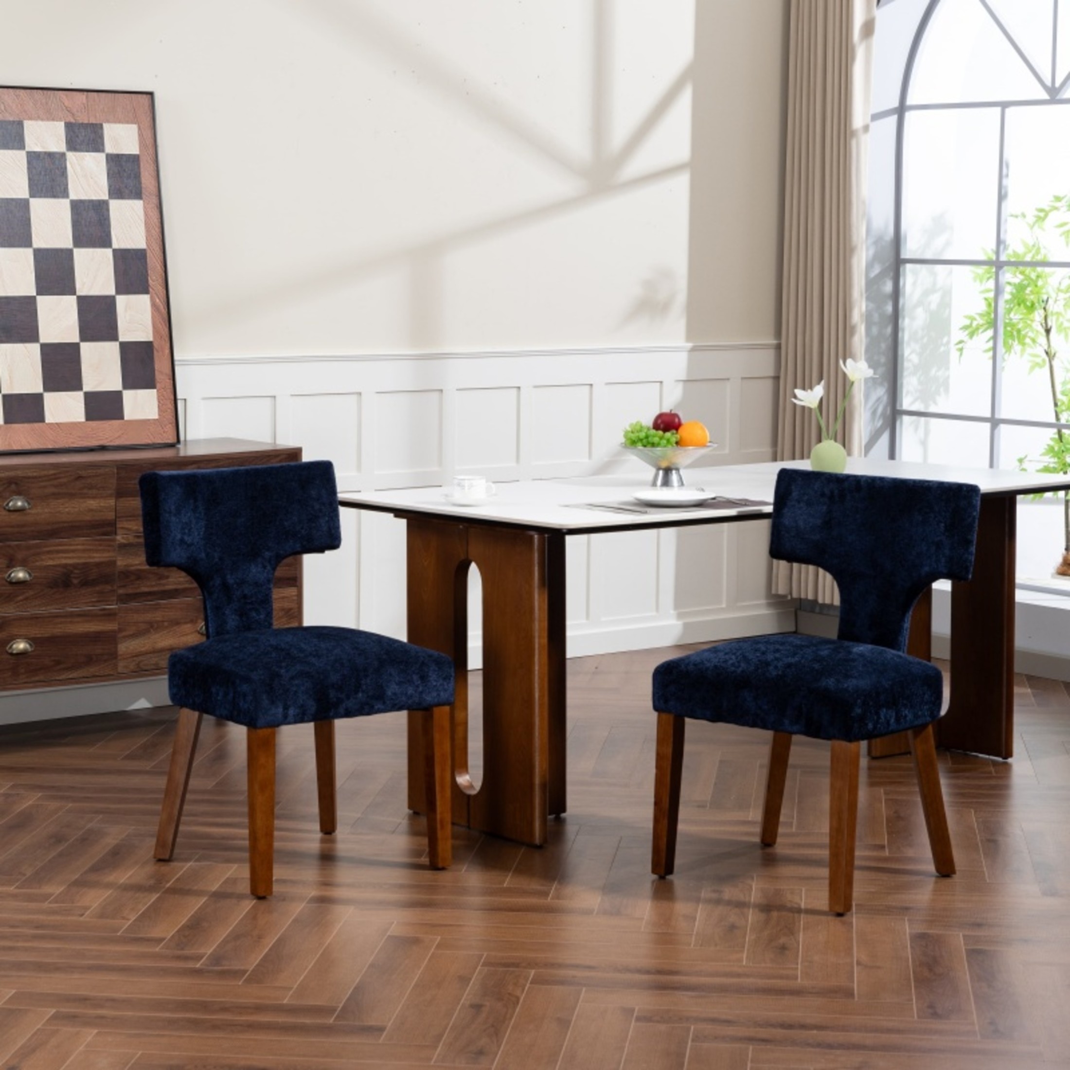 Noble House Mid-Century Fabric Upholstered Dining Chairs, Solid Wood Frame, Set of 2, Blue