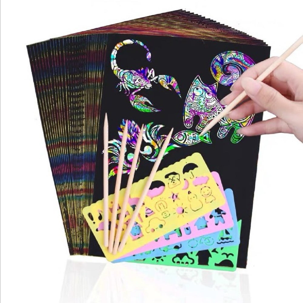 DIY Art & Craft Set: 12 Sheets Paper with 7 tools in Bag A4 Scratch & Sketch Art for Kids and Adults Brush Rainbow Painting Night View Scratchboard Pens Beautiful Girl / Antique Blue Building 