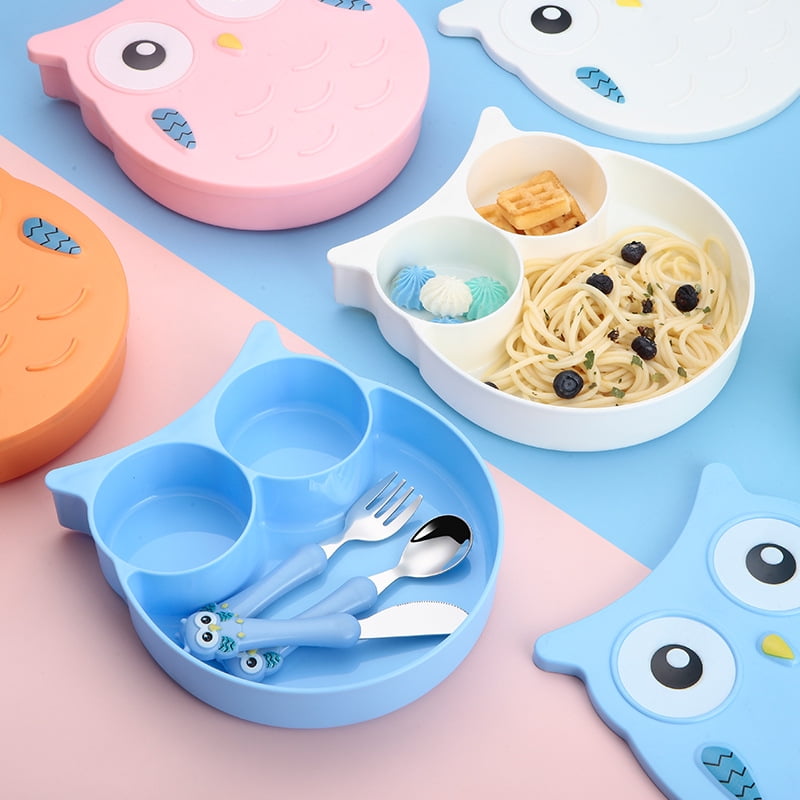Cute Cartoon Lunch Box, Plastic 3 Compartments Food Container with Spoon and Fork, Cartoon Owl Bento Box Food Safe Microwave Storage Container