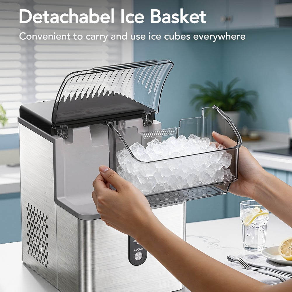 CRZOE 15KG/24H Countertop Ice Maker, Extruded Ice Machine with 1.1L Water Tank & 0.6kg Ice Storage, LED Control, Auto Cleaning, Fingerprint-Resistant 430 Stainless Steel Body for Home/Kitchen/Bar