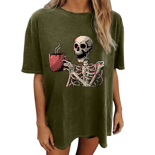 Blusa de manga corta con diseño de calavera y esqueleto de manga caída vintage para mujer Pompotops hfajkhk127979