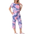 thumbnail image 4 of Conjunto de pijama para mujer INSPIRE CHIC, tie dye, de manga corta, pantalones capri con bolsillos, color morado M, 4 of 6