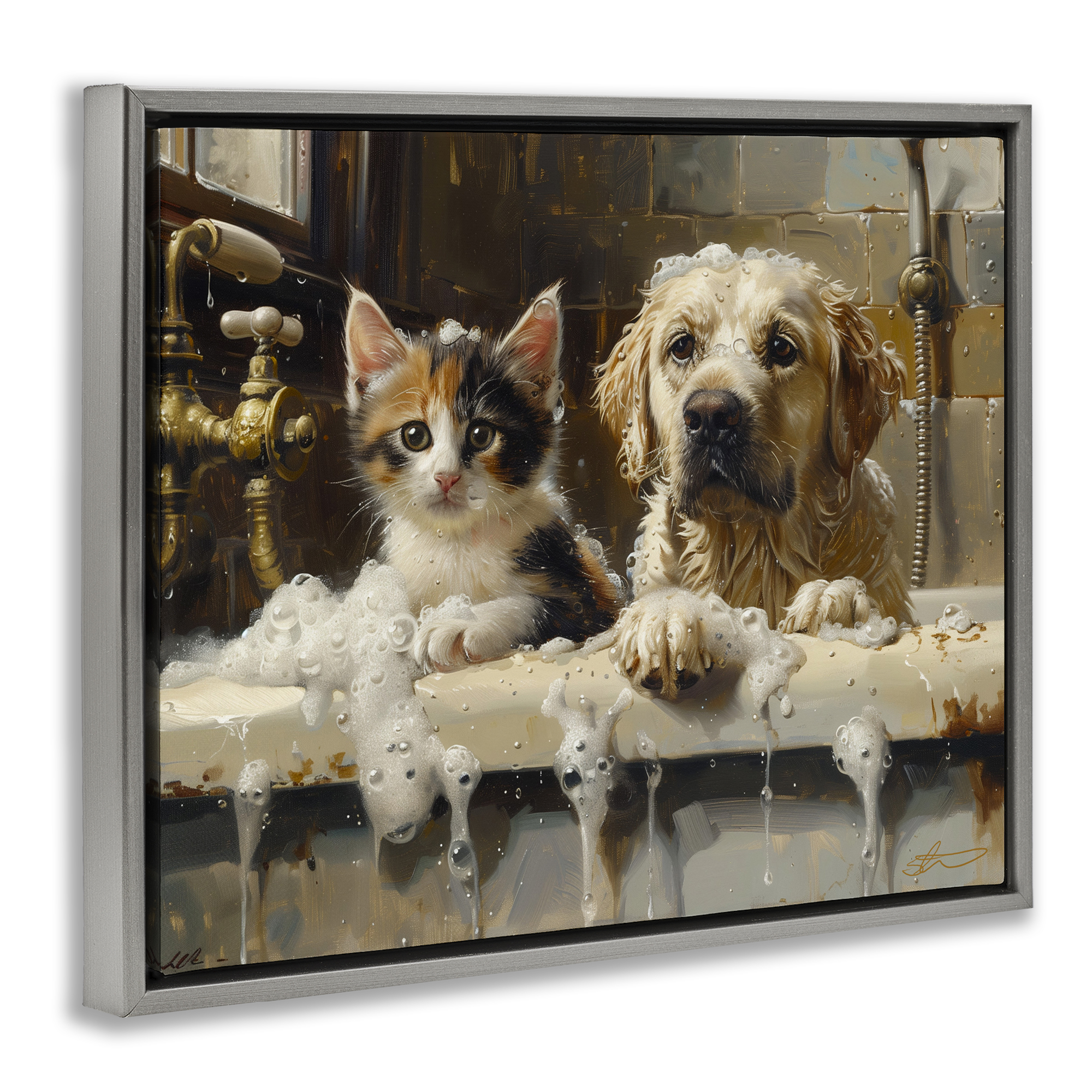 Bath Buddies Cat & Dog Gray Framed Floater Canvas Wall Art, design by Shawna Stewart