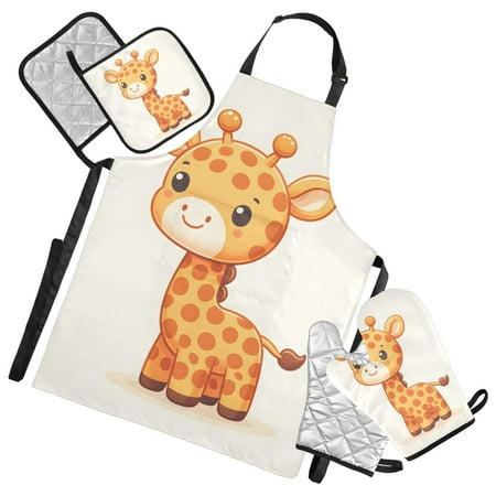 Cute Litter Giraffe 5 Pcs Kitchen Set Heat Resistant Oven Mitts and Non-Slip Pot Holders with Adjustable Cooking Apron