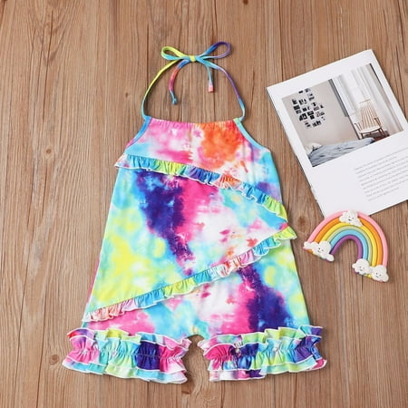 

NEGJ Toddler Baby Girls Suspenders Ruffle Backless Tie-dyed 1 Piece Romper Jumpsuit