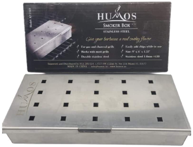 Humos Heavy Duty Smoker Box for Wood Chips Gas & Charcoal Grills Stainless Steel, Silver