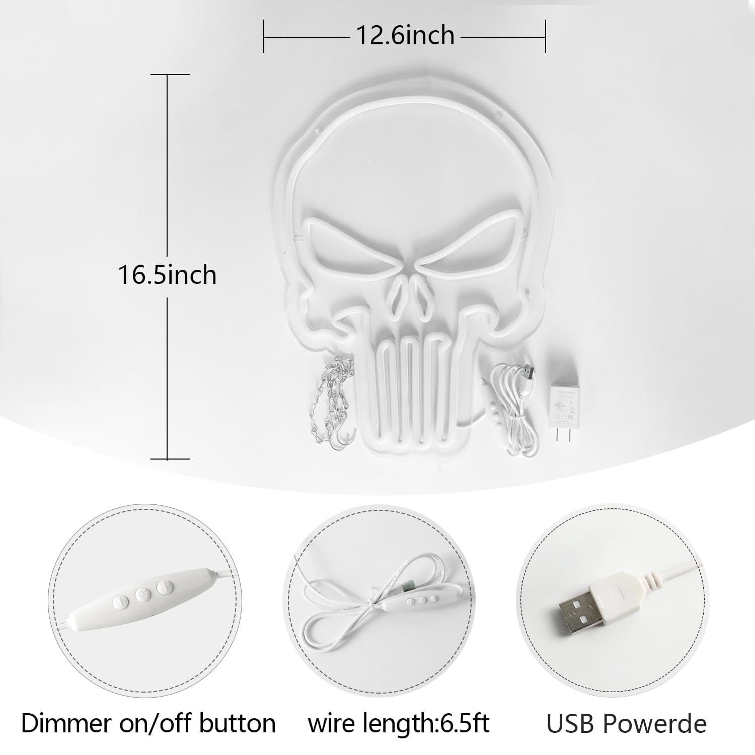 Skull Neon Sign LED Dimmable Light USB Powered Wall Decor Lamp for Gaming Room Bedroom Party Decoration