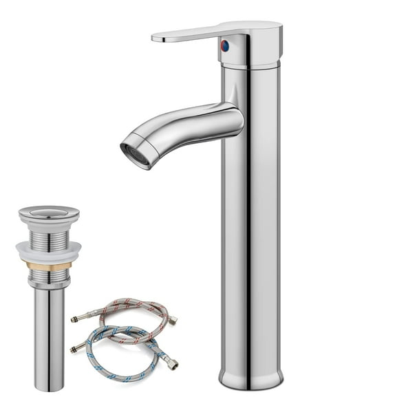 Robinet d'Évier de Salle de Bain Poignée Unique Chrome Vernis Mitigeur de Lavabo Bar Bol Robinet d'Évier avec Bec Verseur Haut Montage sur Pont