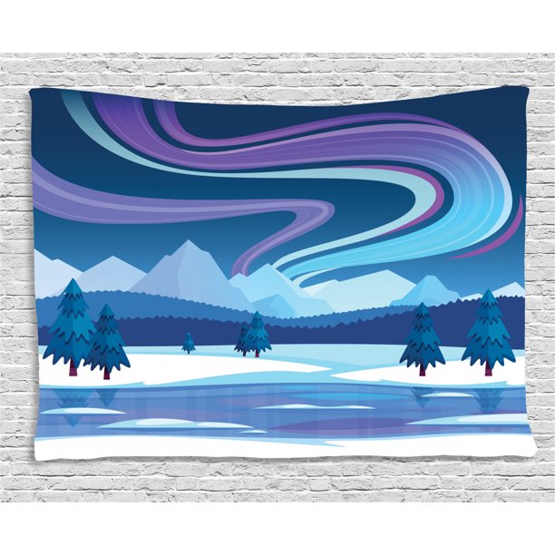 Northwoods Tapestry, Aurora Borealis Composition Countryside Elements Frozen Lake Hills and Trees, Wall Hanging for Bedroom Living Room Dorm Decor, 60W X 40L Inches, Multicolor, by Ambesonne
