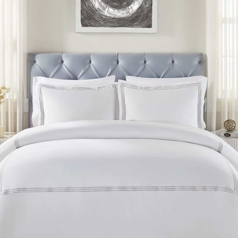 Superior Brandon Embroidered Cotton Duvet Cover Set, Full/Queen, White/Silver