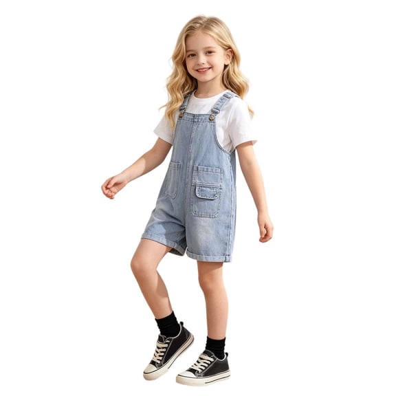 ZHOGXU Kids Children Girls Denim Overalls With Adjustable Straps Comfortable Lightweight Shorts With Pockets For Everyday Wear,Light Blue,15-16 Years