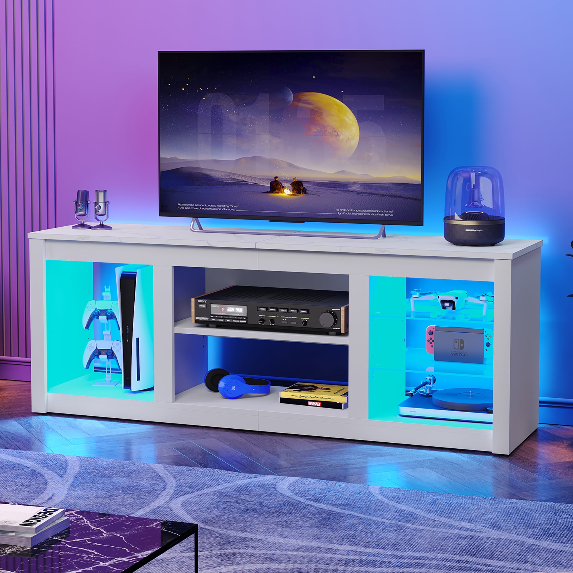 Bestier LED TV Stand for TVs up to 70", Entertainment Center with Storage Shelves, White Marble