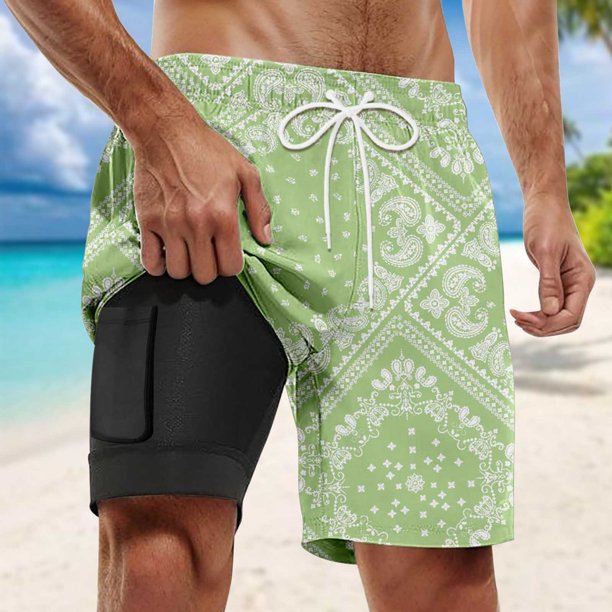 WILLBEST Pantalones Cortos Casuales de Verano para Hombre, Pantalones Cortos de Playa con Doble Capa Interior y Estampado de Moda con Bolsillo
