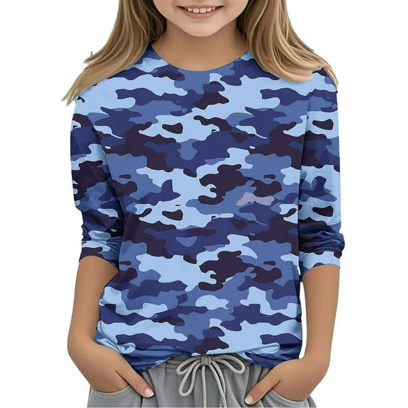 Boys Girls Camouflage Print Quarter Sleeve Round Neck Top Stretch Casual Pullover Tee for Outdoor Kids Camo Top