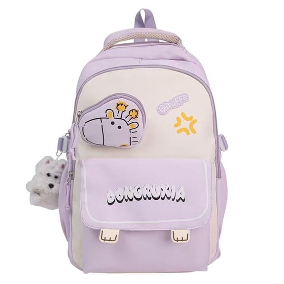 Cute Giraffe Backpack Color-blocking Bookbagwith Coin Purse,Large Capacity Casual Laptop Bag Travel Daypack-Purple