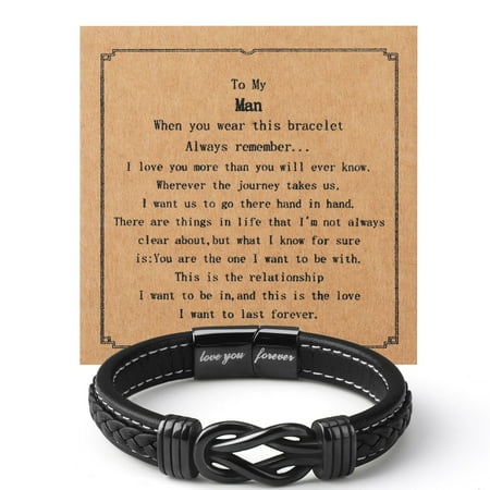Bocaoying Mens Bracelet to My Man, Leather Bracelets Anniversary Gift for Him, Stainless Steel Infinity Bracelets, Love You Forever Gifts for Husband Son Boyfriend Birthday Gift