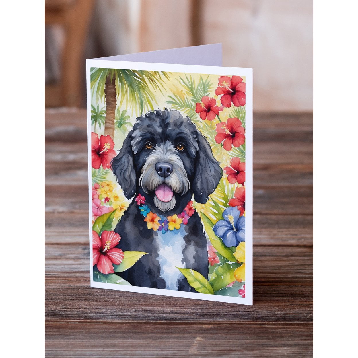Portuguese Water Dog Luau Greeting Cards Pack of 8 7 in x 5 in