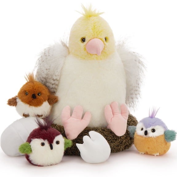 Muiteiur 7 Pcs Bird Stuffed Animal Giant Parrot Plush Toy with 3 Bird Babies, 2 Eggs, and 1 Nest Set