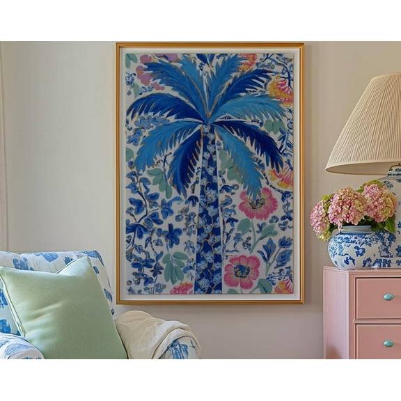Kna Prints - 1 Pc Poster Wall Art, Palm Tree Wall Art Print, Floral Blue And White Chinoiserie Tropical , Colorful Maximalist Living Room And Bedroom Decor, UNFRAMED-8x12